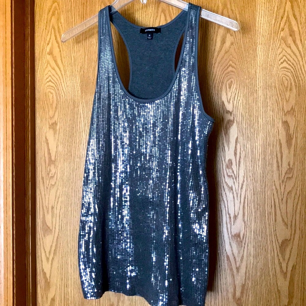Express sparkly sequin front Pima cotton blend gray tank top shirt M evening EUC
